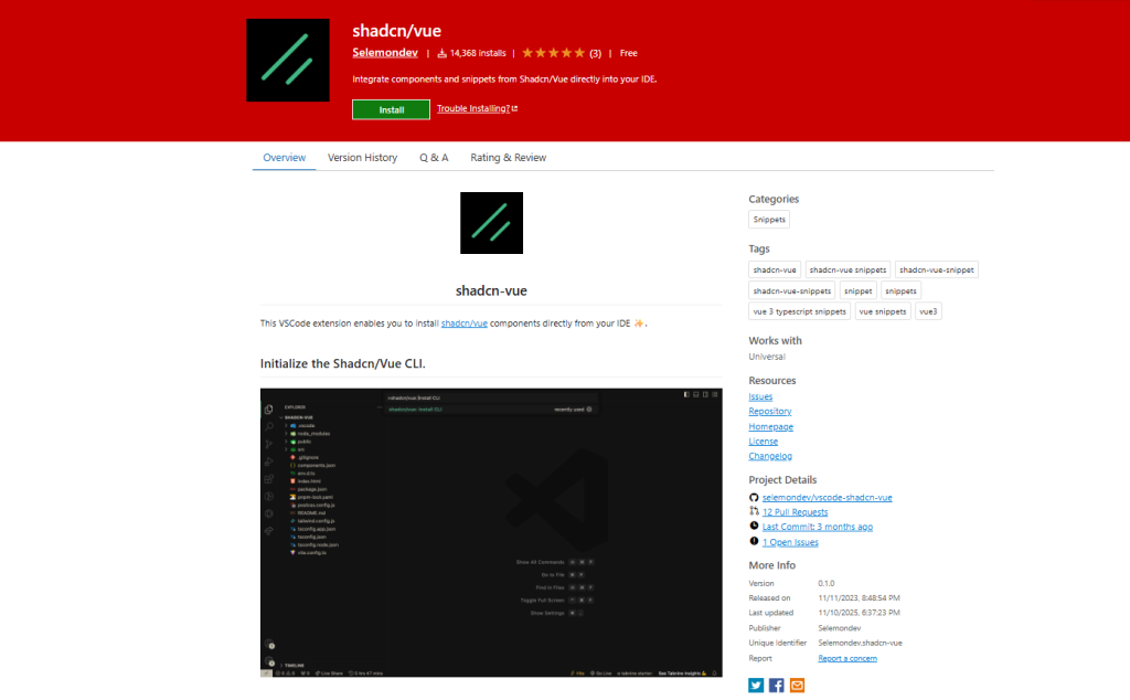 shadcn/vue vscode markplace