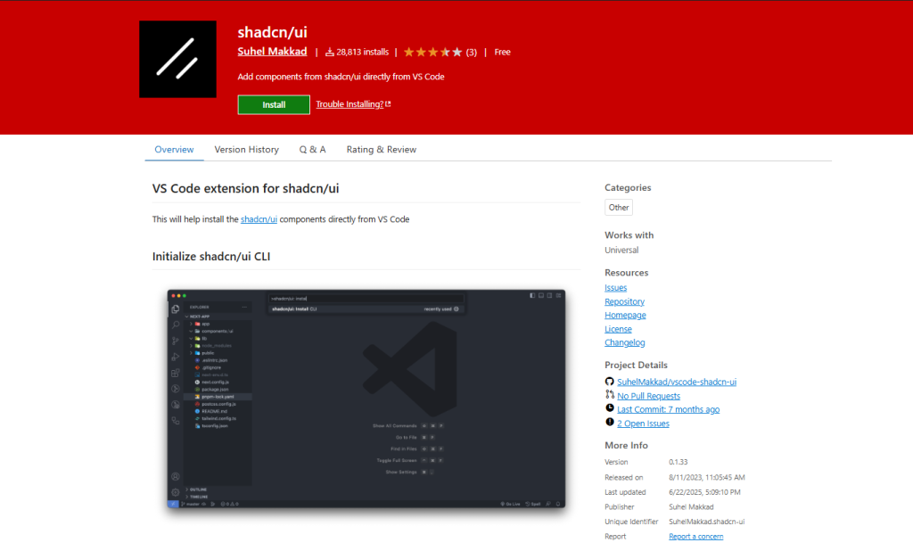 shadcnui VScode marketplace